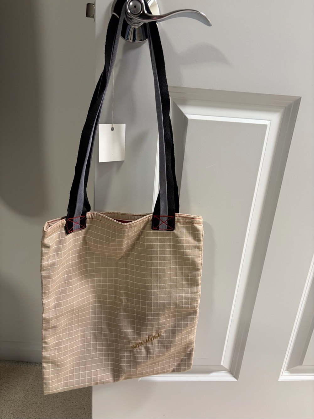 Beige Grid Shoulder Tote with Blue Straps